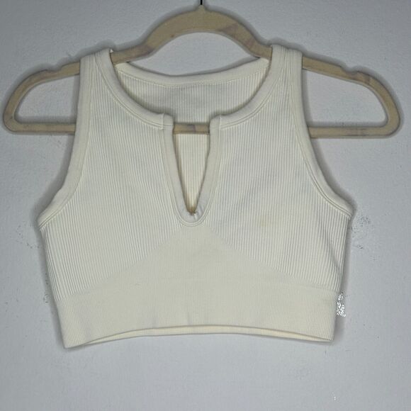 Cream Ribbed Knit Cut Front V-Neck Soft Sports Bra Crop Top No Inserts Medium - Picture 9 of 9